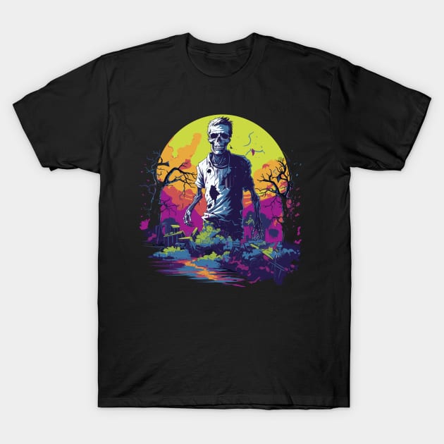 Halloween Zombie Under the Full Moon - Halloween Cemetery Horror T-Shirt by InkInspire